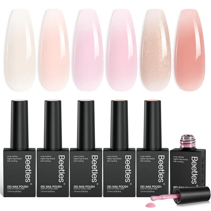 Beetles Jelly Gel – Ensemble Vernis Gel UV 6 Teintes Rose Pâle et Pêche, Jus de Pêche, Manucure Française