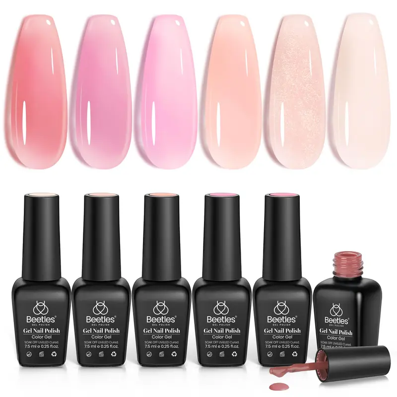 Beetles Jelly Gel Vernis Kit – 6 Couleurs Nude Rose, Effet Translucide et Pailleté, Manucure DIY Printemps Été