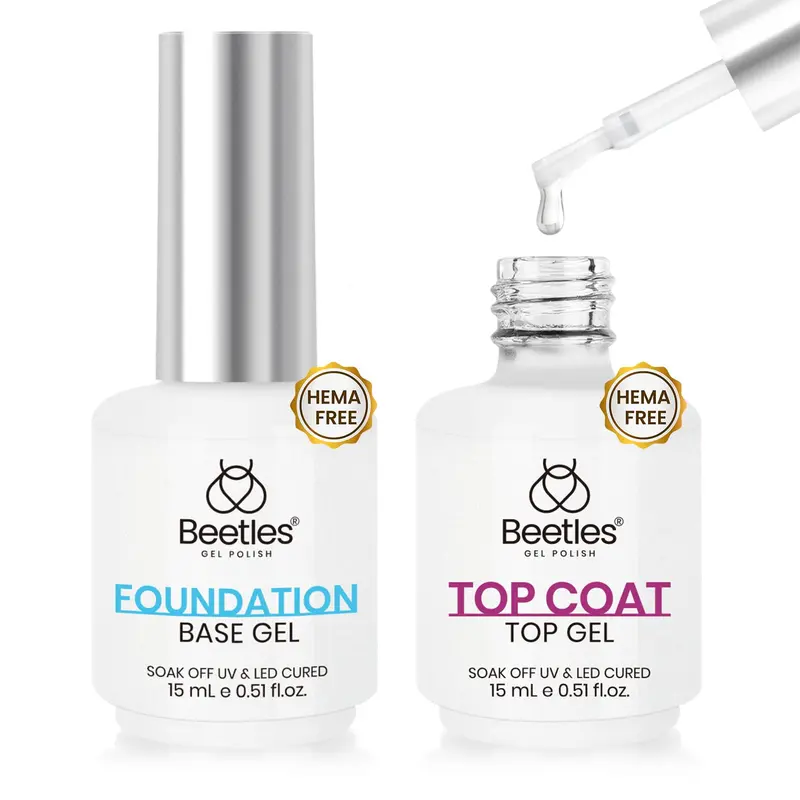 Beetles – Kit Base Gel et Top Coat Sans HEMA Sans Essuyage, Finition Brillante et Longue Tenue (2x15ml)