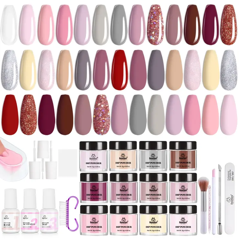Beetles Kit Dip Poudre 36 Pièces – 20 Couleurs Nude/Pink/Glitter – Base, Couche de Finition et Activateur + Outils Manucure
