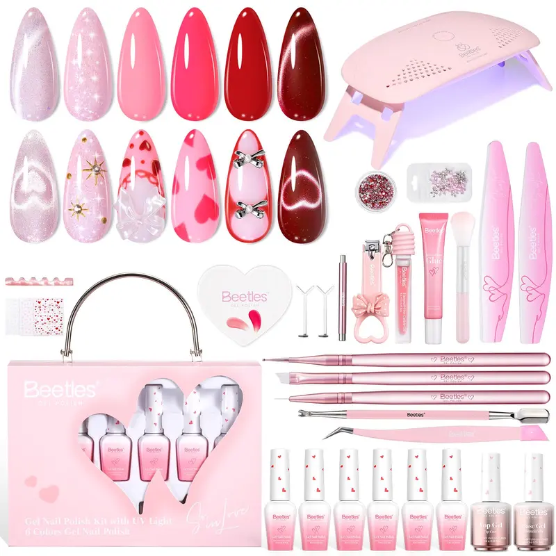 Beetles Kit Gel Manucure 30 Pièces Saint-Valentin – Vernis Gel, Lampe UV, Effet Œil-Chat Cœur