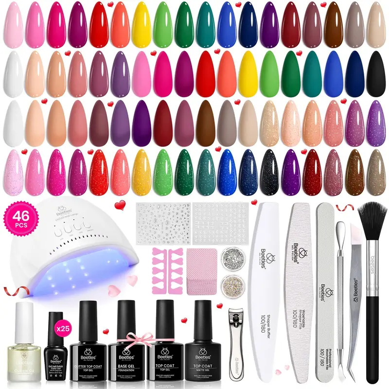 Beetles Kit Gel Nail Polish – 46 pièces, 25 couleurs, lampe UV/LED – Coffret manucure à domicile
