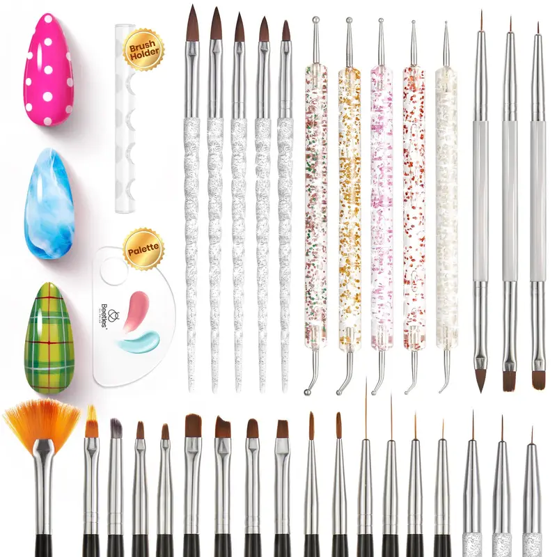 Beetles Kit Nail Art 31 pièces – Pinceaux, Outils et Porte-Palette