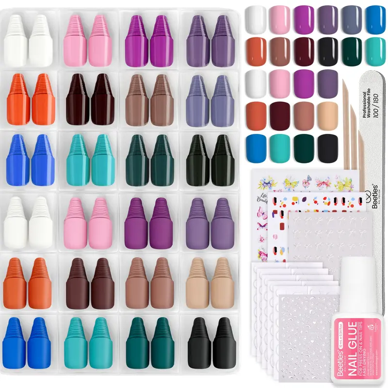 Beetles Kit Ongles Collés – 576 Pièces, 24 Couleurs, Ongles Courts Carrés, Colle et Accessoires