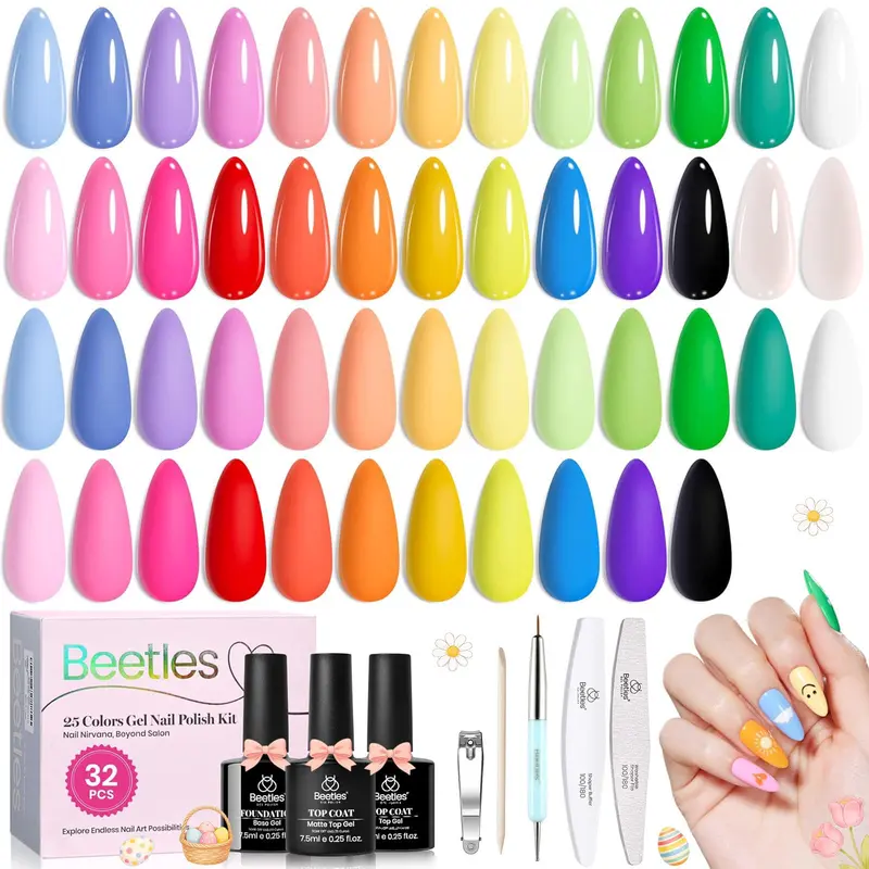 Beetles Pastel Gel Polish Set – Doodle Dreams Collection, 25 Couleurs Pastel Printemps avec Base, Top Coat Brillant et Mat