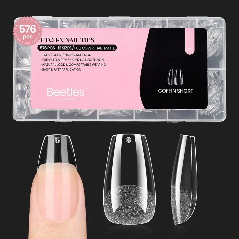 Beetles Short Coffin Nail Tips – 576 Pièces, Faux Ongles Courts Pré-Formés, 12 Tailles