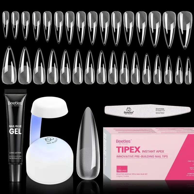 Beetles Tipex Apex Instant – Kit 224 Tips Stiletto Long, Colle UV et Mini Lampe