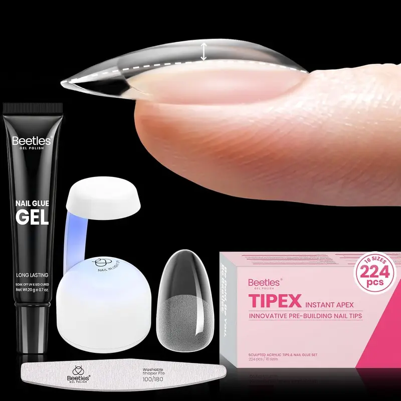 Beetles Tipex – Embouts Apex pour Ongles Instantanés, Oval Court, 224 Pièces, 16 Tailles, Pré-Build et Pré-Échantrés, Colle UV et Mini Lampe UV