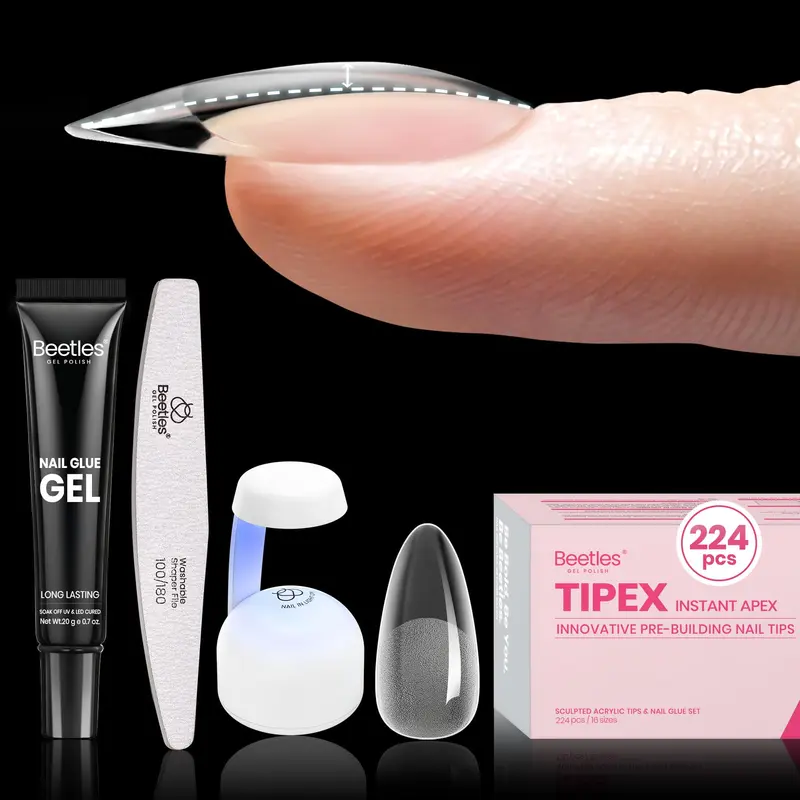 Beetles Tipex Gel Kit – Ongles en Amande de Taille Moyenne, 224 Tips Pré-Modèles, Colle Tipex et Mini Lampe UV