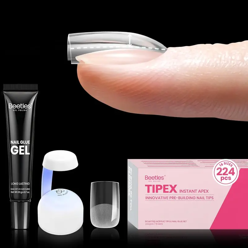 Beetles Tipex Gel Nail Kit Extra Short Square – 224 Tips Pré-Formées, Mini Lampe UV et Colle Solide