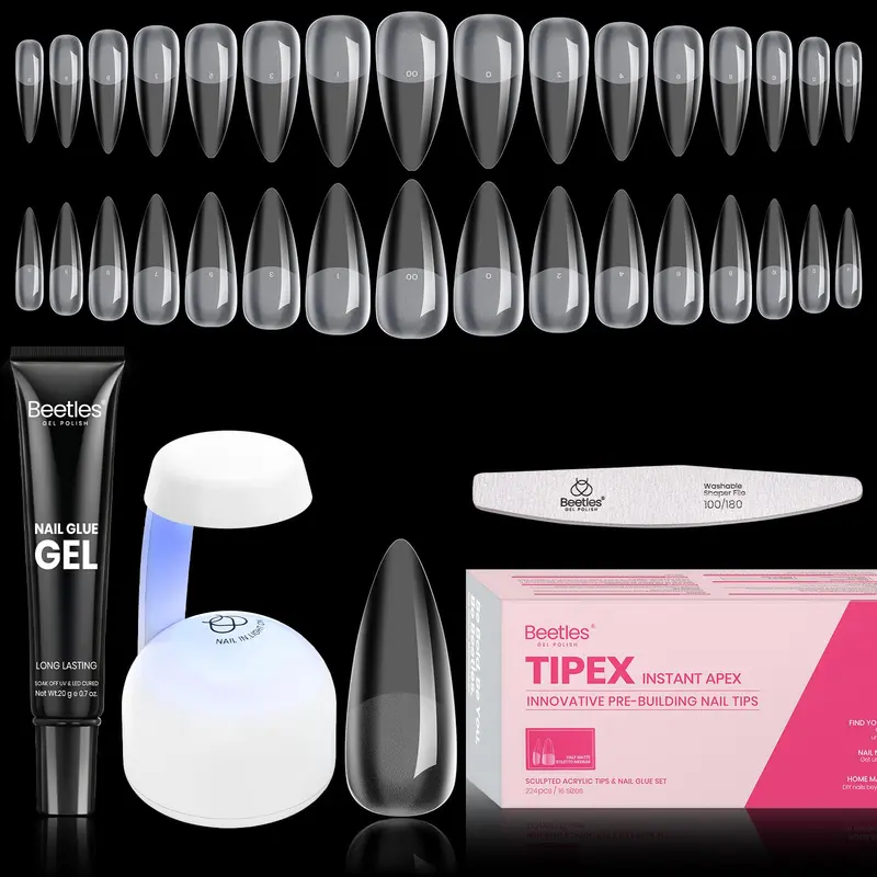 Beetles Tipex Instant Apex Kit – Conseils Ongles Faux Moyenne Stiletto, 224 Pièces, 16 Tailles, Colle UV Solide, Mini Lampe UV