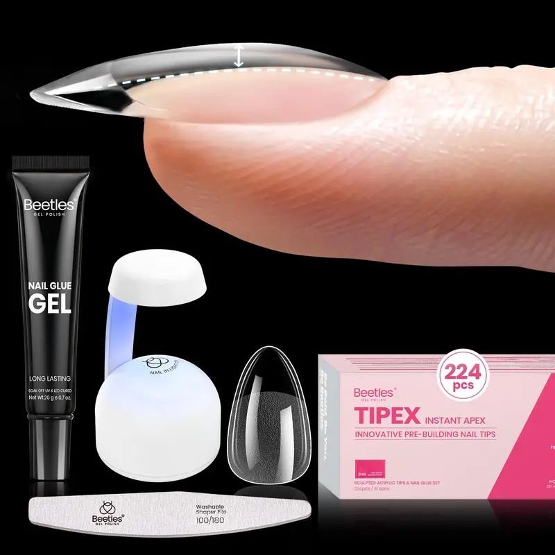 Beetles Tipex Instant Apex Kit d’Ongles – amande courte, 224 pièces, 16 tailles, colle UV et mini lampe