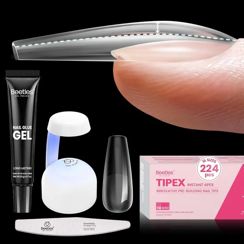 Beetles Tipex Instant Apex – Kit d’Ongles, Embouts Préformés Forme Cercueil Longs, 224 Pièces, 16 Tailles, Colle Tipex et Mini Lampe UV