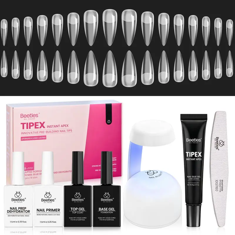 Beetles Tipex Instant Apex Kit – Tips Stiletto Longues, Colle Gel, Déshydratant, Base/Top et Mini UV