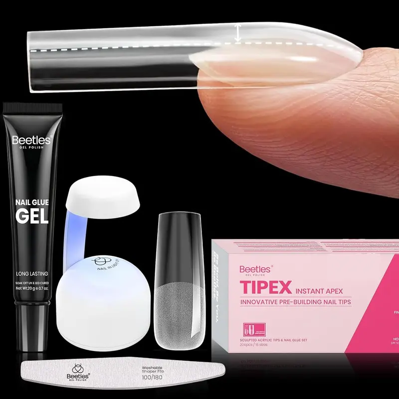 Beetles Tipex Kit d’Extensions Ongles – 224 Prolongements, Colle UV Solide et Mini Lampe UV