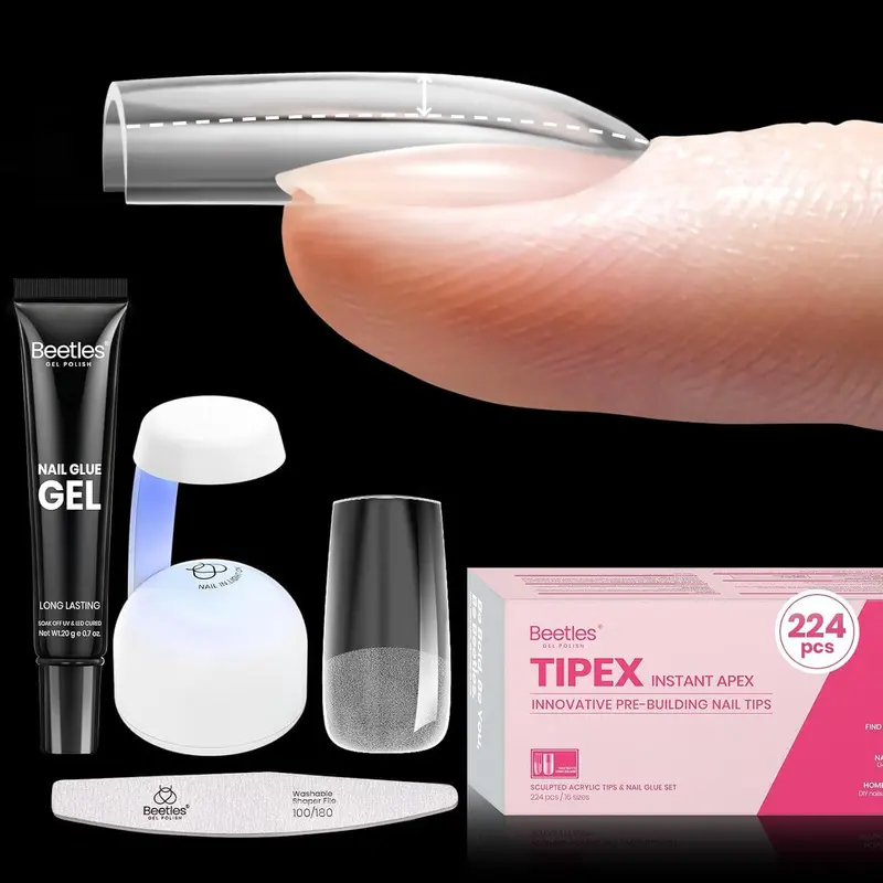 Beetles Tipex Kit Ongles — Embouts Carrés 224, 16 Tailles, Colle UV Solide, Mini Lampe UV