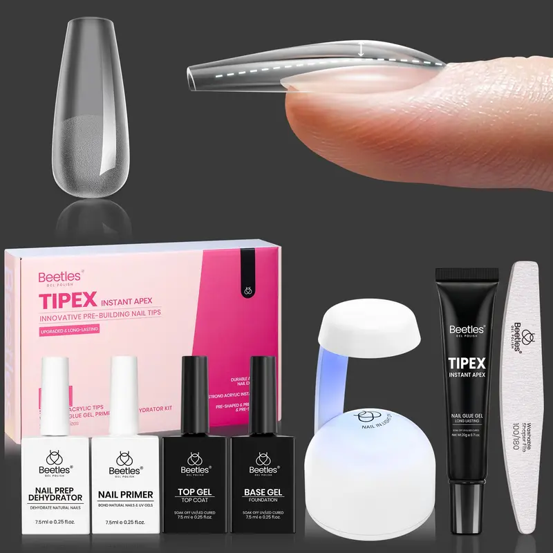 Beetles Tipex Kit Pré-Construit Apex – Forme Cercueil Moyen, 224 Pièces | Extensions Acryliques Pleines, Colle Gel 20 g, Déshydratant, Primaire, Base & Couche Supérieure, Mini Lampe UV