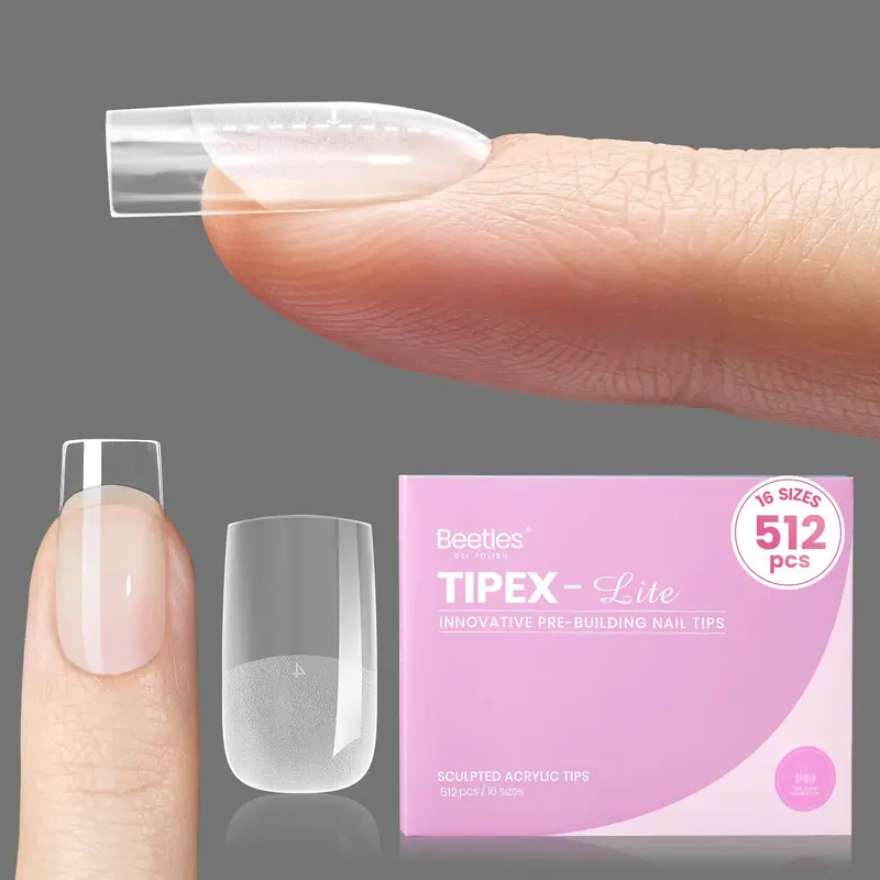 Beetles Tipex Lite Apex – Bouts d’ongles pré-taillés, Carré court, Apex intégré, 512 pièces, 16 tailles