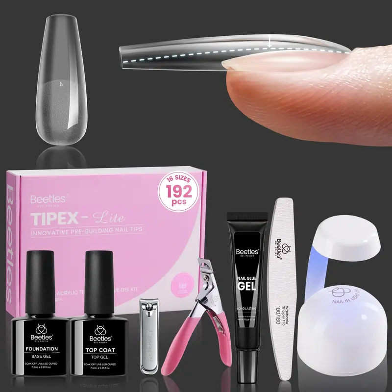 Beetles Tipex Lite Apex Nail Tips Kit – 192 pièces, Coffin Long, 16 tailles, Colle UV, Base & Top Coat, Mini Lampe
