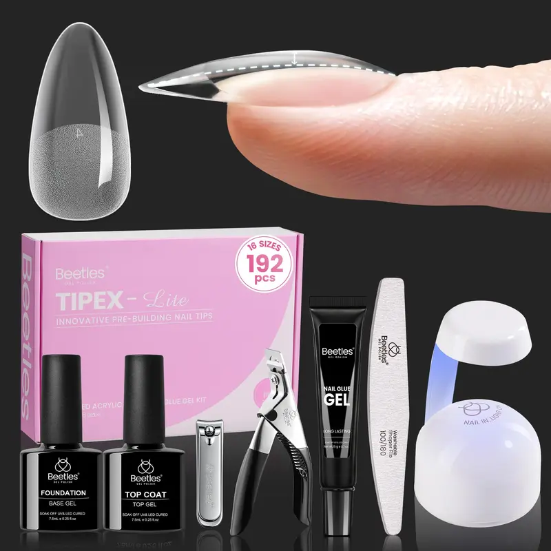 Beetles Tipex Lite Apex Nail Tips Kit – Almond Medium, 192 pcs, 16 tailles, Colle UV, Base & Top Coat, Mini Lampe UV