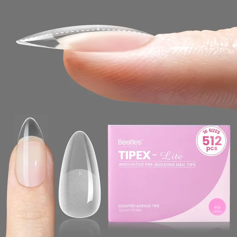Beetles Tipex Lite Apex – Pointes d’ongles en amande, 512 pièces, 16 tailles, prégravées