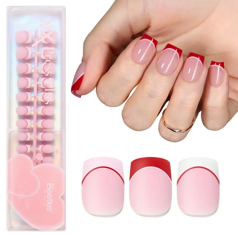 Beetles Valentines Press On Nails - Heart Whisper | 3 couleurs court carré French Tip | 15 tailles, 180 pièces