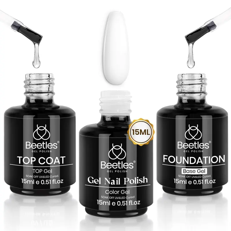 Beetles Vernis Gel Blanc 3 Pièces 15ml – Base Gel, Top Gel Sans Essuyage, Kit Manucure Française