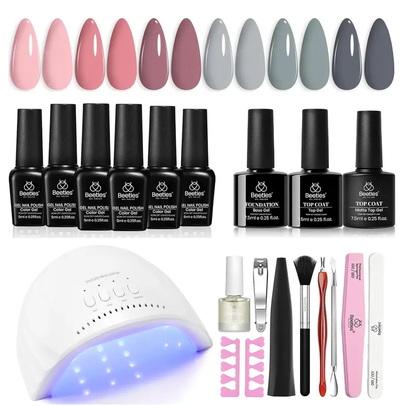 Beetles Vernis Gel – Kit Gel UV/LED avec 6 teintes nude, gris et rose pour manucure à domicile