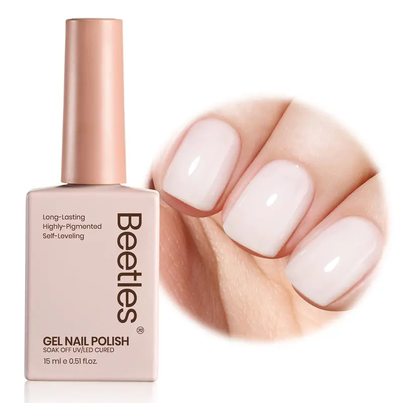 Beetles Vernis Gel Milky White – 15 ml, teinte nude translucide pour ongles, base neutre et fini brillant