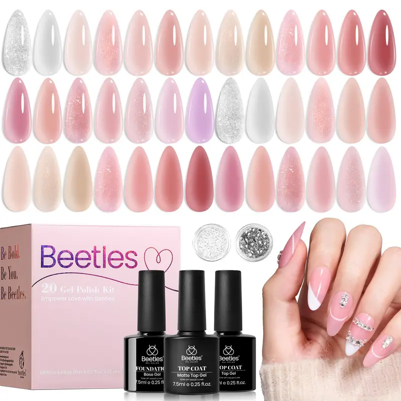 Beetles Vernis Gel Nude Pink – Ensemble Jelly Gel 20 couleurs, Base 7,5 ml, Couches de finition brillantes et mates, Perles et Rhinestones
