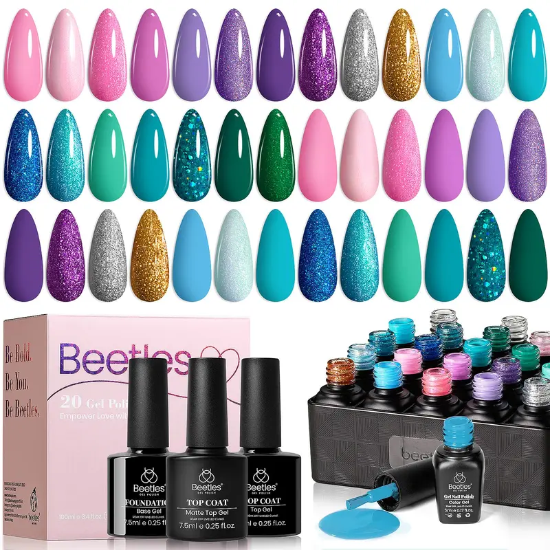Beetles Vernis Gel Pourpre – Ensemble 20 Couleurs Mermaid, Base & Top Coat Inclus, Gel UV à Retirer, Idée Cadeau