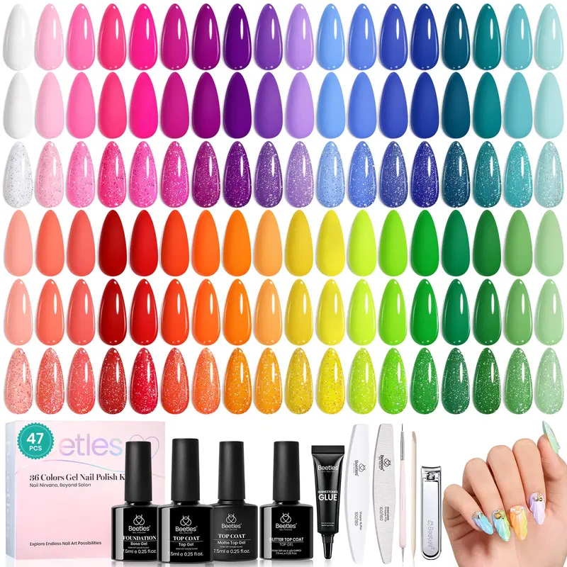 Beetles Vernis Gel Printemps – Ensemble 36 Couleurs Pastel et Néon + Base et Couche Supérieure | Collection Valentins UV