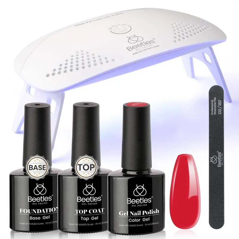 Beetles Vernis Gel Rouge – Kit Manucure Gel avec Lampe LED UV et Lime à Ongles pour Domicile