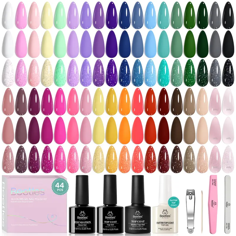 Beetles Vernis Gel Vivid Seasons – Coffret Printemps 36 couleurs pour ongles, Base et Top Coat UV/LED