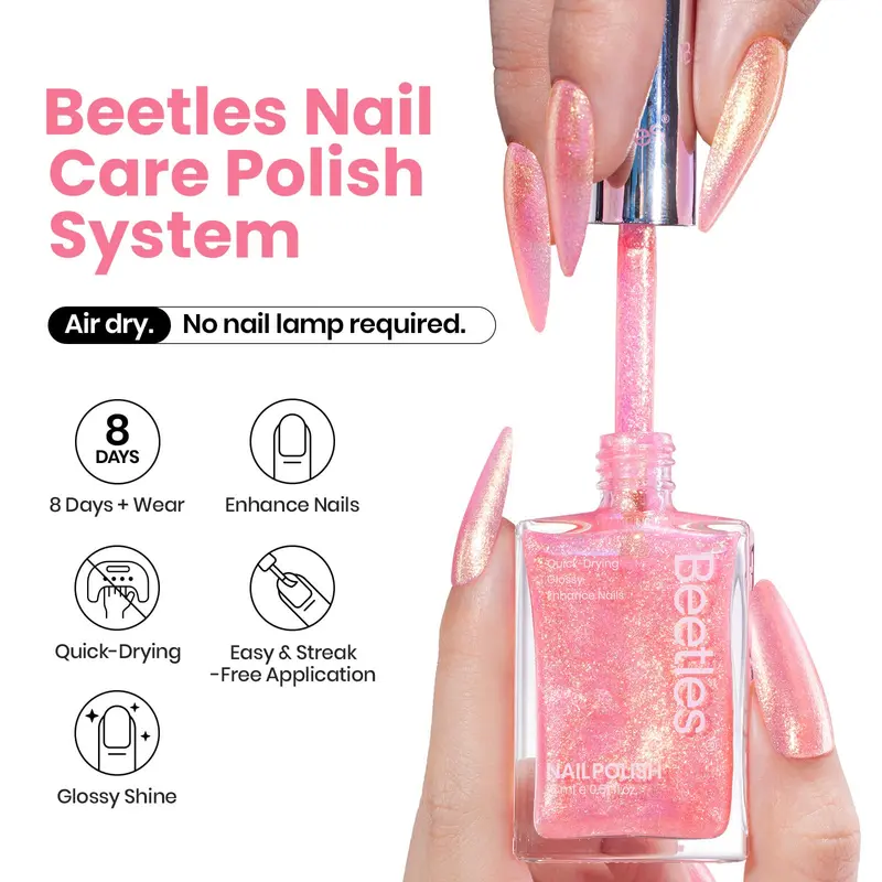 Beetles Vernis Rose Gel – 15 ml, Séchage Rapide, Paillettes Dorées et Nacré, Effet Nail Art Qualité Salon