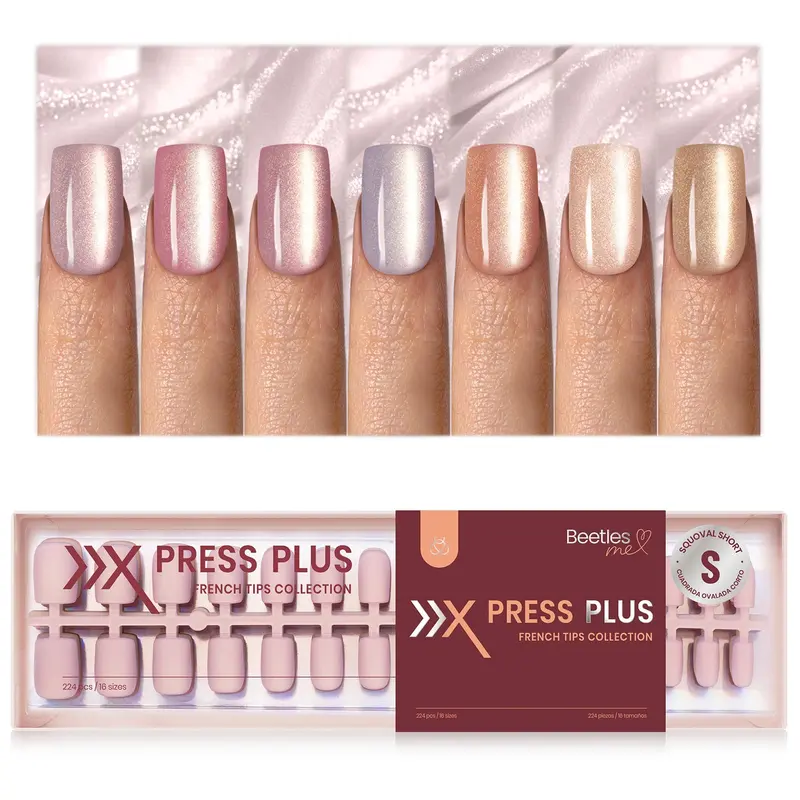 Beetles X Press Cat Eye Ongles – 7 Couleurs Nude Courts Carré, 224 Pièces, 16 Tailles | Qualité Salon