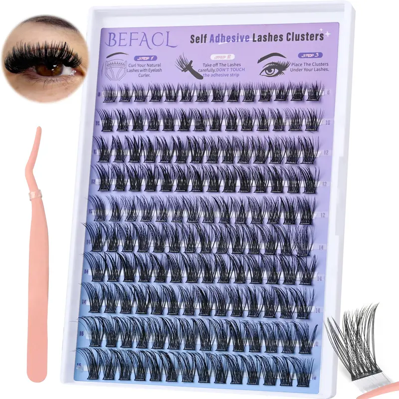 BEFACL – Cils grappes auto-adhésifs Effet plume 8–16 mm, sans colle | Kit avec pince