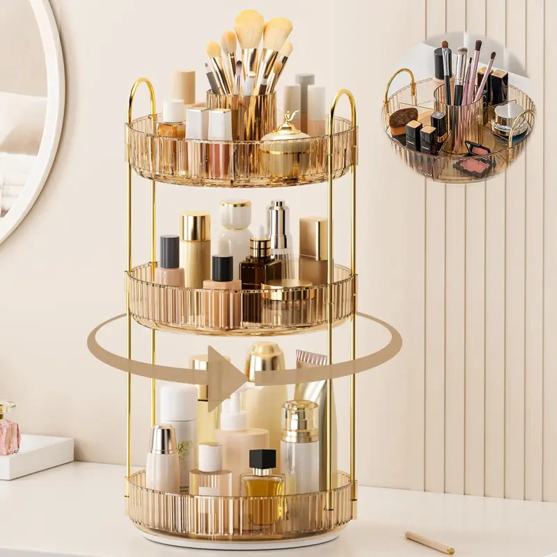 BEFSOP Organisateur Maquillage 360° – Étagère à 3 Niveaux Ambre, Porte-Pinceaux