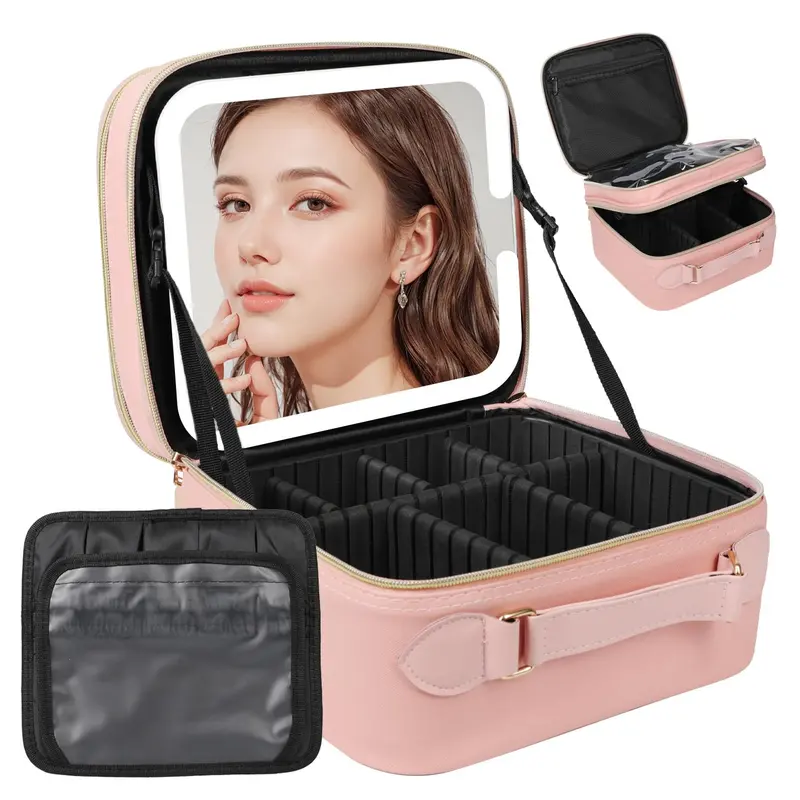 Behaesty Trousse de Maquillage de Voyage avec Miroir LED Amovible – Lumière Tri-LED et Compartiments Ajustables