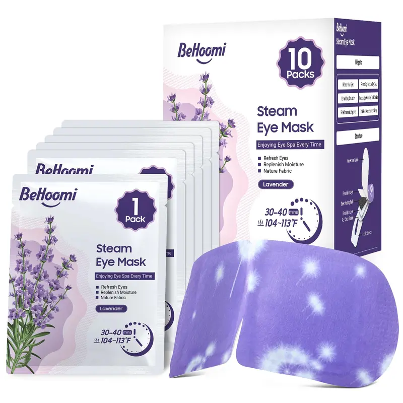 BeHoomi Masque Yeux Chauffant Lavande – Lot de 10, Compresses Chaudes Jetables, Détente et Voyage