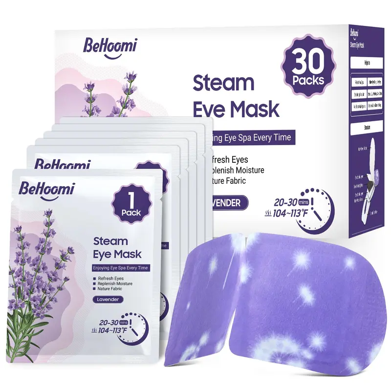 BeHoomi Masque Yeux Vapeur Chaud – 30 Paquets, Compresse Chauffante Jetable (Lavande)