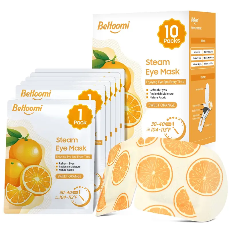 BeHoomi Masque Yeux Vapeur Chauffant – Lot de 10, Compresses Chaudes Jetables, Parfum Orange, Cadeau Voyage