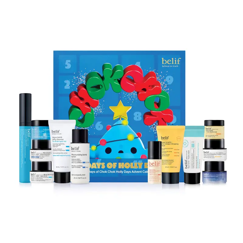 belif Coffret Calendrier de l'Avent Chok Chok Journée des Fêtes 2025 – 12 Jours pour une Peau de Verre, Soin K-beauté, Aqua Bomb et Gel Contour des Yeux