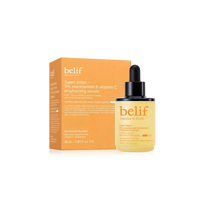 belif Niacinamide 5% et Vitamine C Super Drops Sérum – Sérum Éclat pour Teint Uniforme avec AHA et Glutathion, Soin Coréen, 30 ml