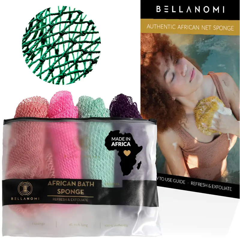 BELLANOMI – Lot de 4 Éponges Sapo Africaines en Filet (Rose, Indigo, Écume de Mer, Blush) – Exfoliation Douce et Durable