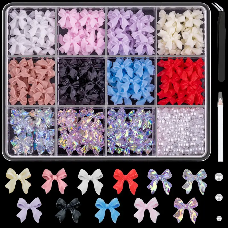 BELLEBOOST - 600 pièces de charms noeud et perles plates pour ongles – 11 couleurs