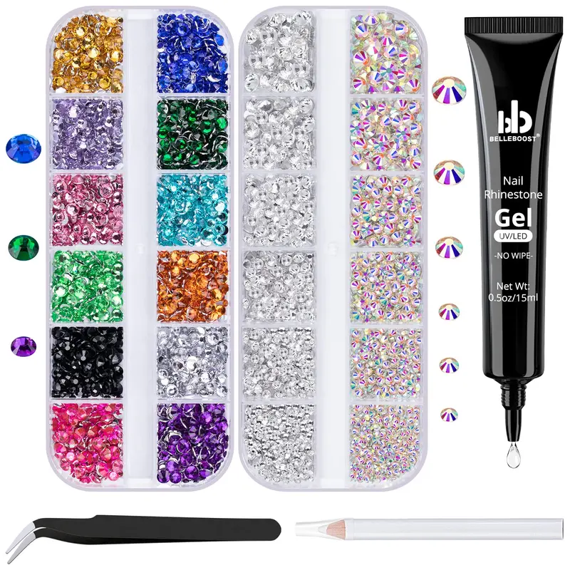 BELLEBOOST Kit Nail Art Strass 15ml – Colle Gel Sans Essuyage + Gemmes Colorées et Outils de Pose