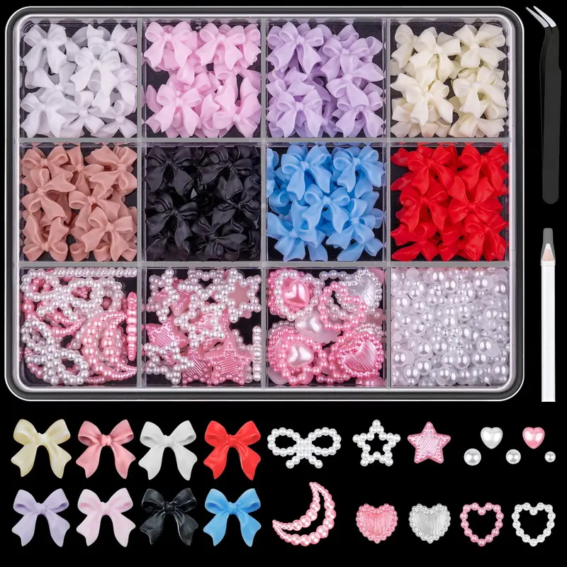 BELLEBOOST Lot de 600 Décorations Ongles 3D et Perles – 8 Couleurs, Outils Inclus