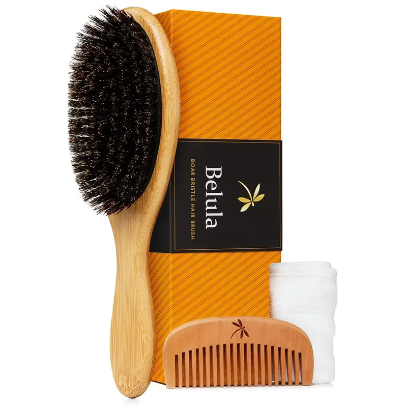 Belula – Brosse 100% Poils de Sanglier (Taille L) pour Cheveux Fins – Ensemble avec Peigne Bois, Bandeau Spa et Sac de Voyage