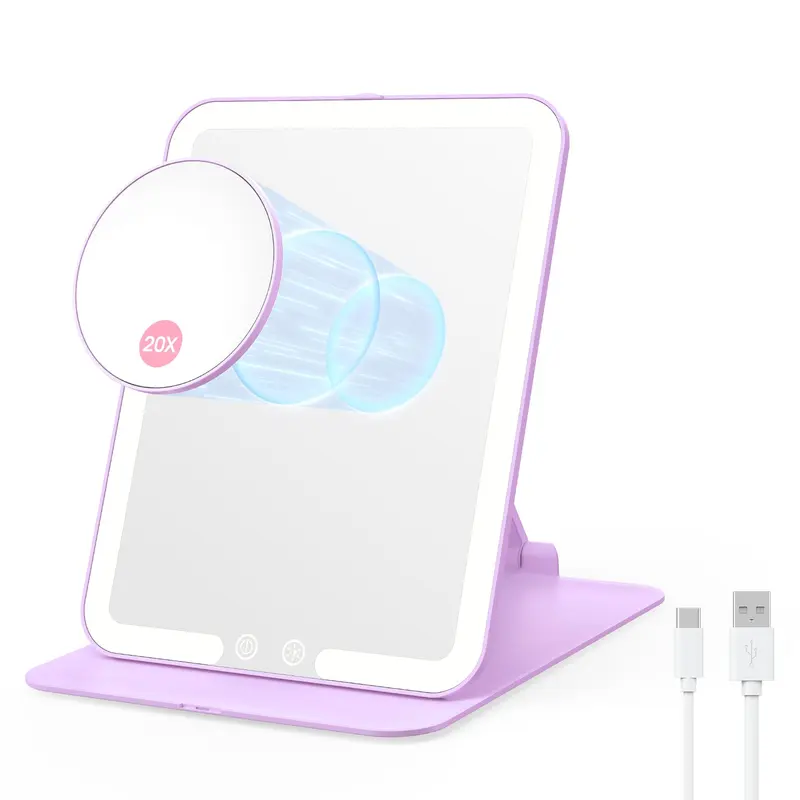 Benbilry Miroir de Maquillage de Voyage Pliable avec Lumières et 20x – Rechargeable, Pied Réglable, Trois Lumières, Violet